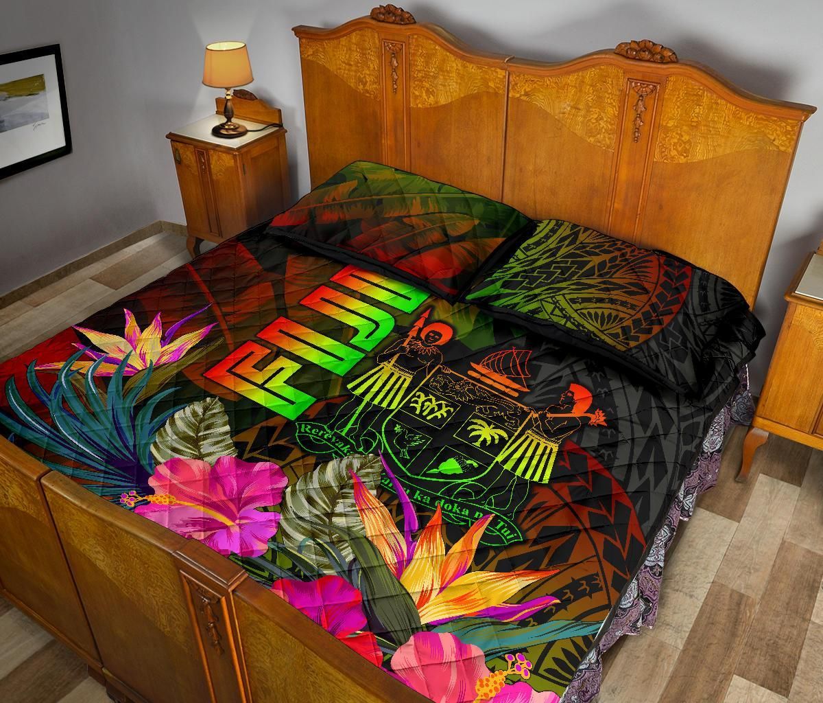 Fiji Polynesian Quilt Bed Set - Hibiscus and Banana Leaves