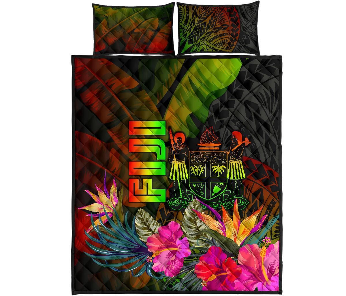 Fiji Polynesian Quilt Bed Set - Hibiscus and Banana Leaves