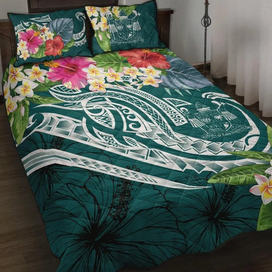 Fiji Polynesian Quilt Bed Set - Summer Plumeria (Turquoise)