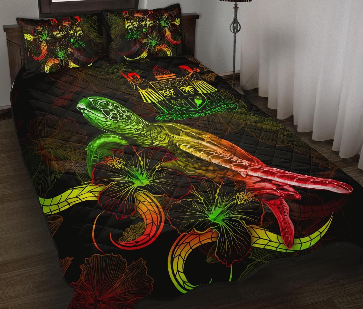 Fiji Polynesian Quilt Bed Set - Turtle With Blooming Hibiscus Reggae