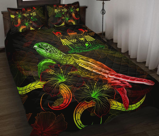 Fiji Polynesian Quilt Bed Set - Turtle With Blooming Hibiscus Reggae