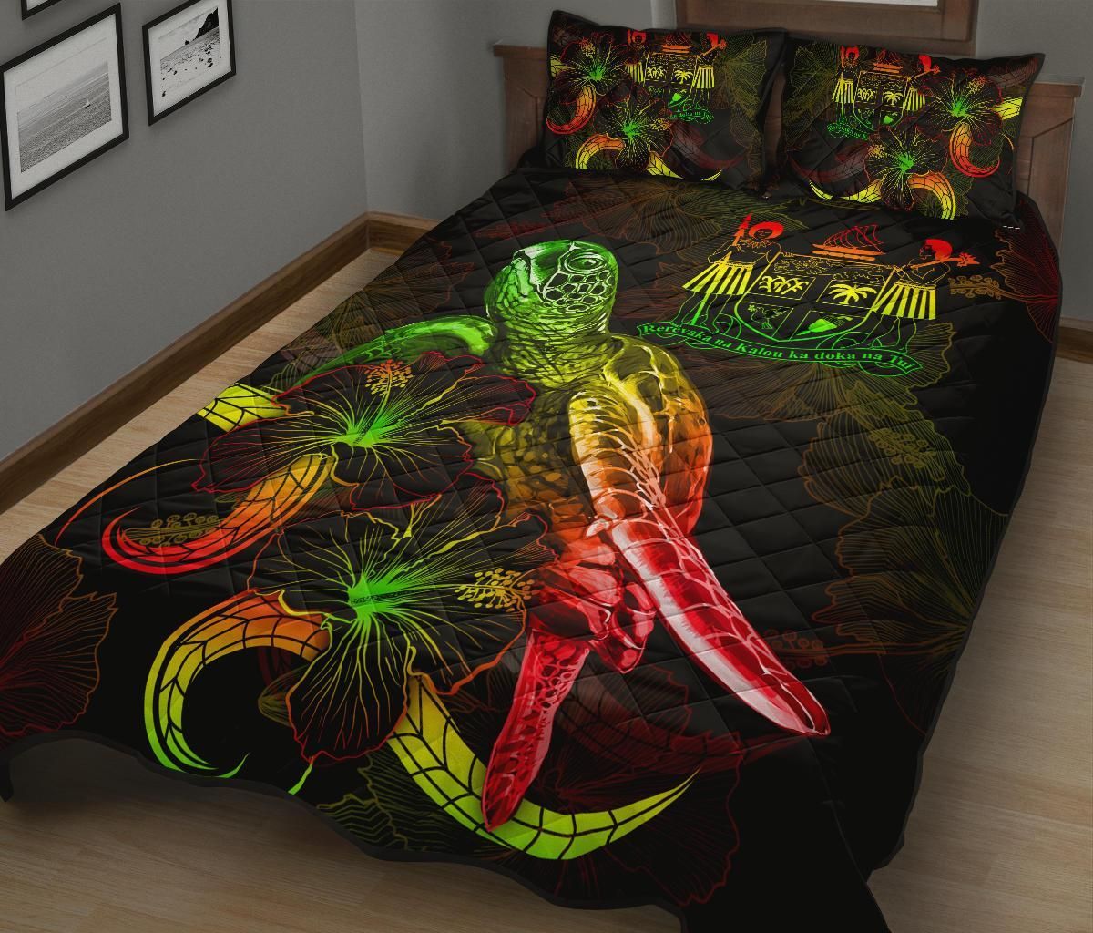 Fiji Polynesian Quilt Bed Set - Turtle With Blooming Hibiscus Reggae