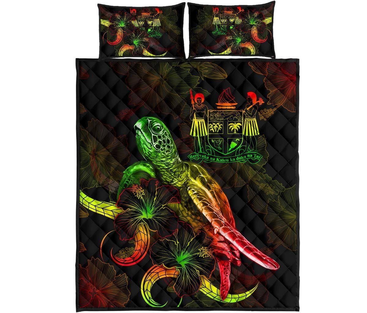 Fiji Polynesian Quilt Bed Set - Turtle With Blooming Hibiscus Reggae
