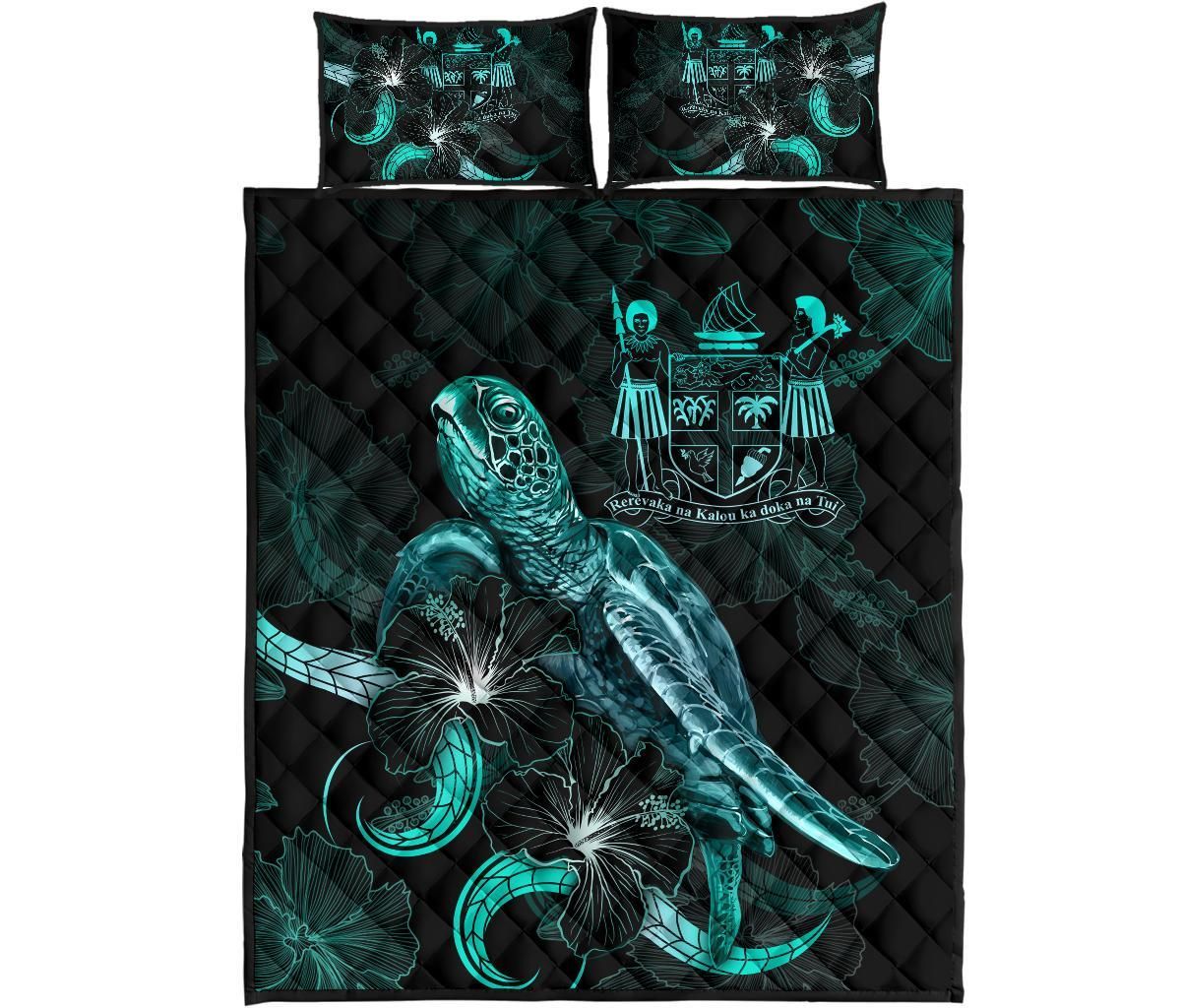Fiji Polynesian Quilt Bed Set - Turtle With Blooming Hibiscus Turquoise