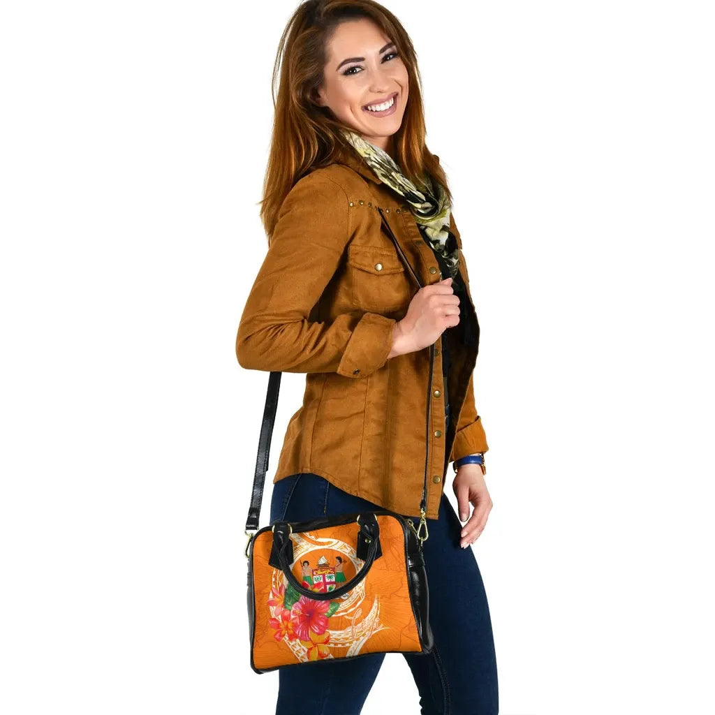 Fiji Polynesian Shoulder Handbag - Orange Floral With Seal