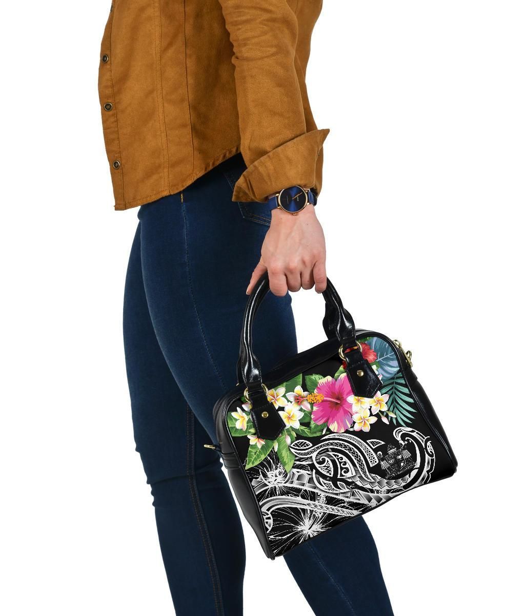 Fiji Polynesian Shoulder Handbag - Summer Plumeria (Black)