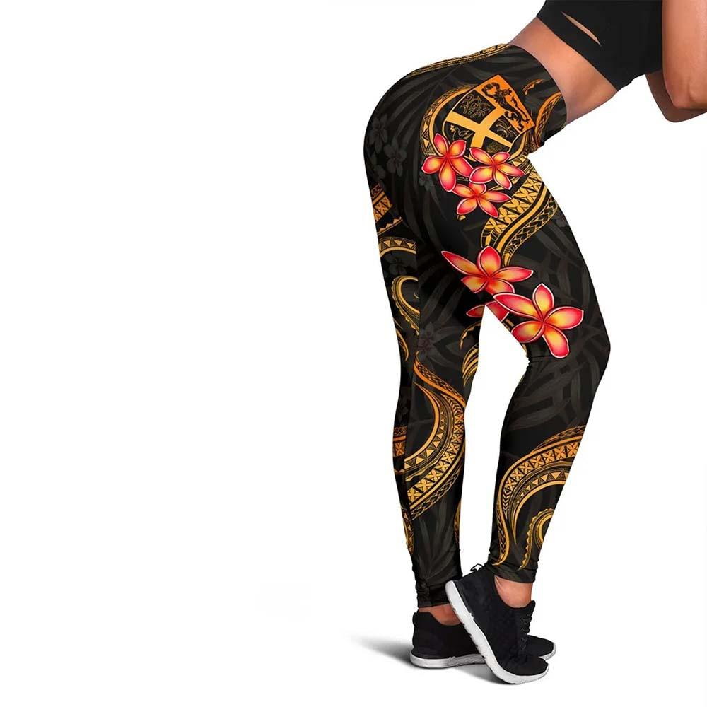 Fiji Polynesian Women Legging - Gold Plumeria