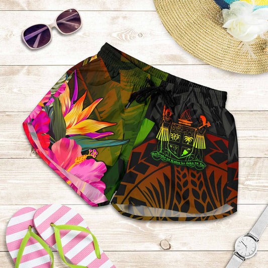 Fiji Polynesian Women Shorts - Hibiscus and Banana Leaves