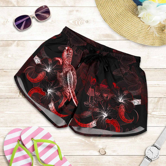 Fiji Polynesian Women Shorts - Turtle With Blooming Hibiscus Red