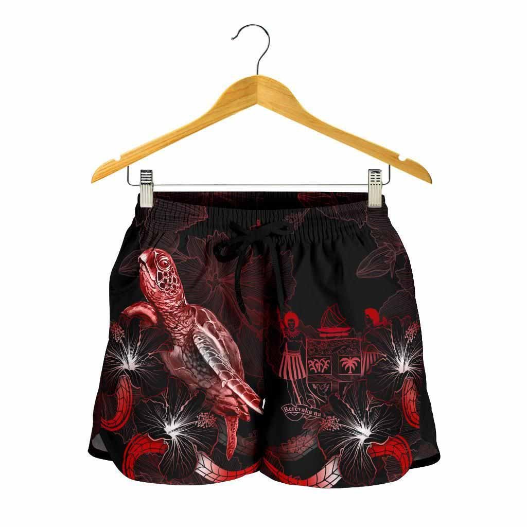 Fiji Polynesian Women Shorts - Turtle With Blooming Hibiscus Red