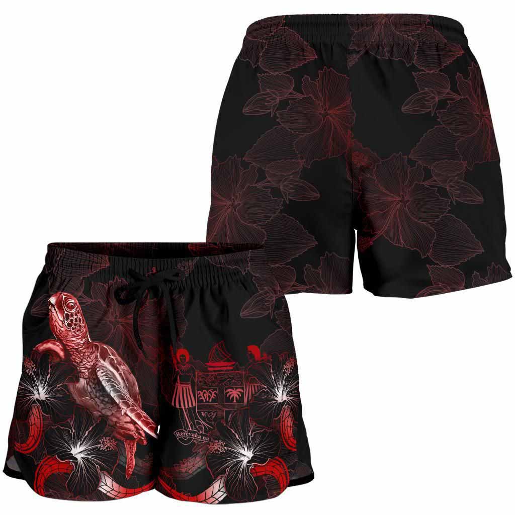 Fiji Polynesian Women Shorts - Turtle With Blooming Hibiscus Red