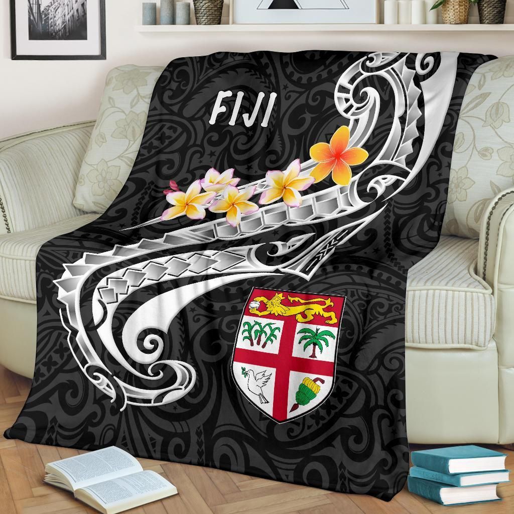 Fiji Premium Blanket- Fiji Seal  Polynesian Patterns Plumeria  (Black)