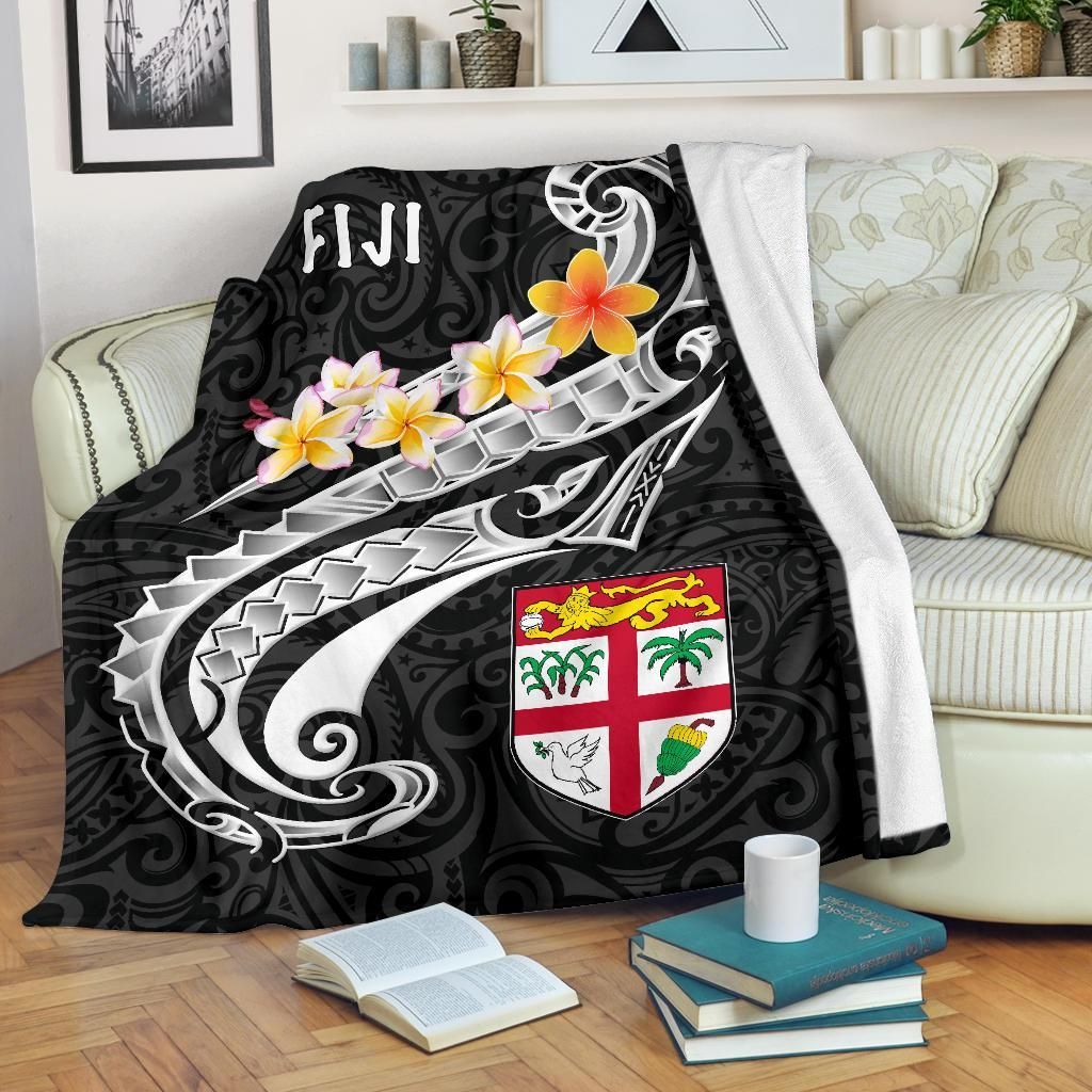 Fiji Premium Blanket- Fiji Seal  Polynesian Patterns Plumeria  (Black)