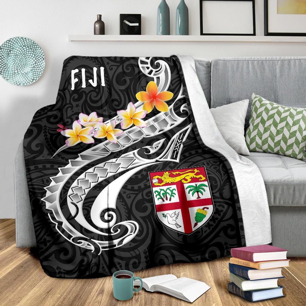Fiji Premium Blanket- Fiji Seal  Polynesian Patterns Plumeria  (Black)