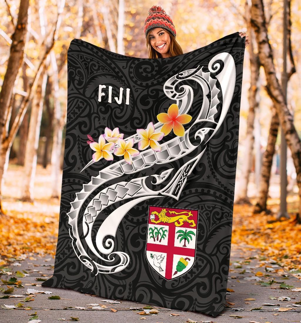 Fiji Premium Blanket- Fiji Seal  Polynesian Patterns Plumeria  (Black)