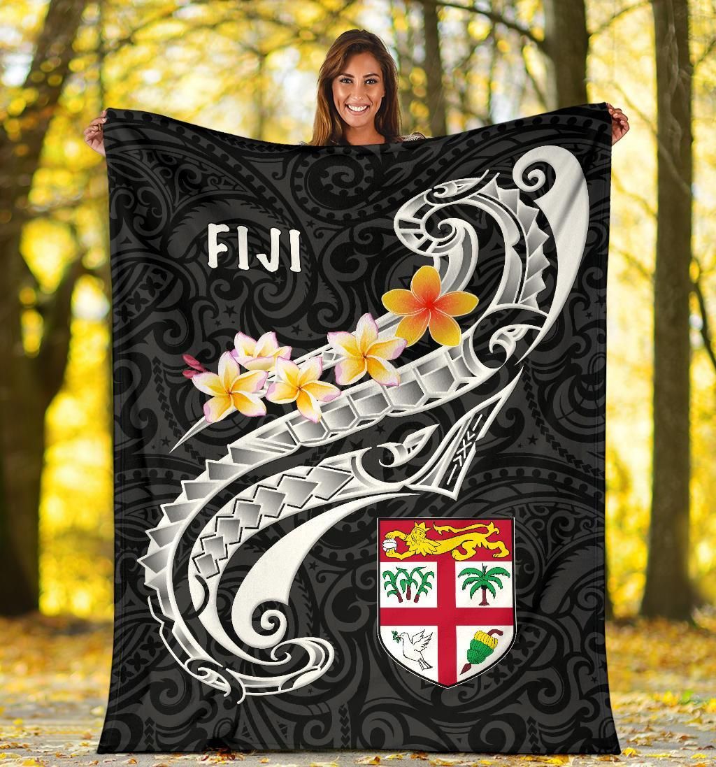 Fiji Premium Blanket- Fiji Seal  Polynesian Patterns Plumeria  (Black)