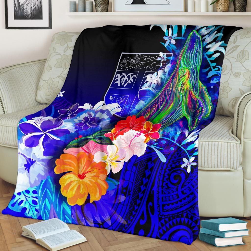Fiji Premium Blanket - Humpback Whale with Tropical Flowers (Blue)