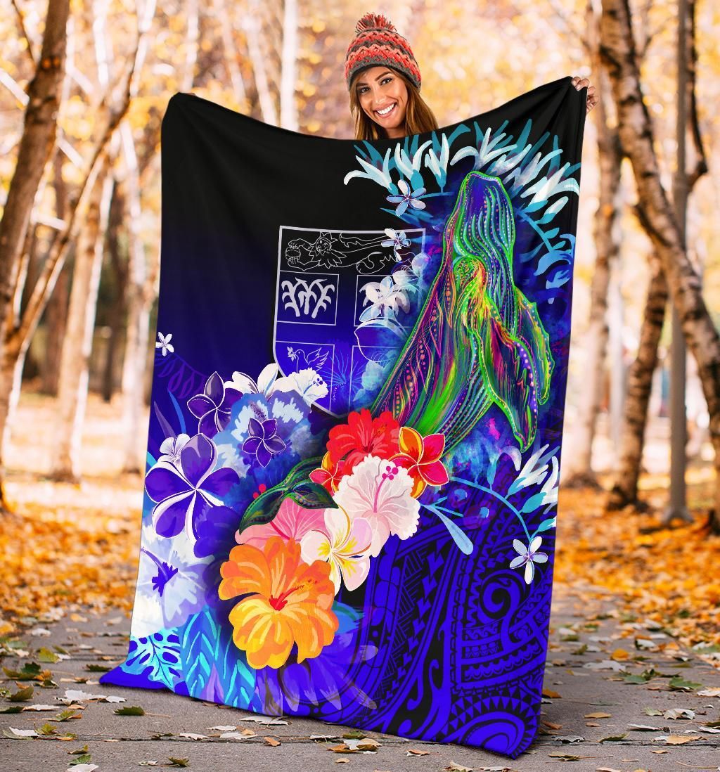 Fiji Premium Blanket - Humpback Whale with Tropical Flowers (Blue)
