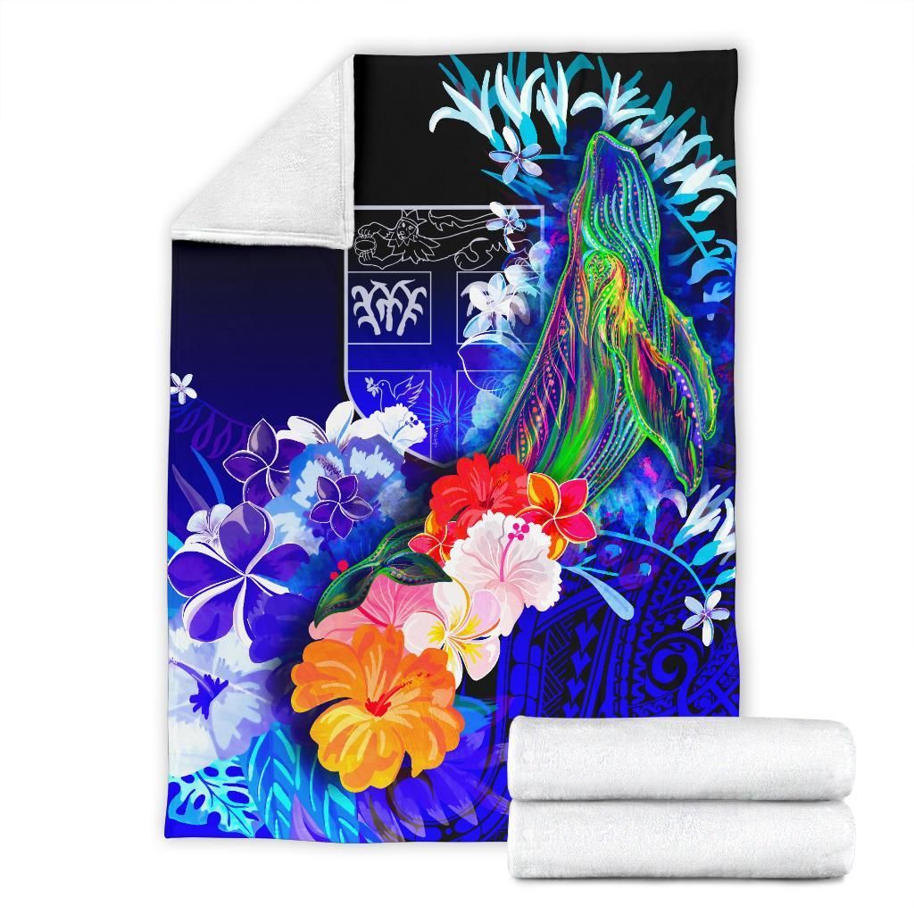 Fiji Premium Blanket - Humpback Whale with Tropical Flowers (Blue)