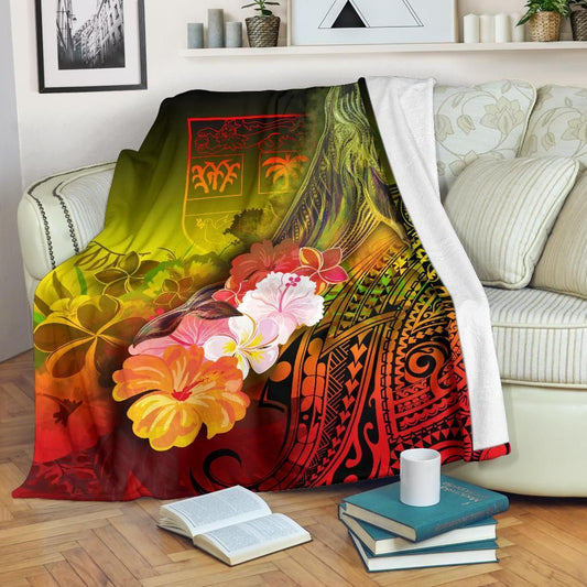 Fiji Premium Blanket - Humpback Whale with Tropical Flowers (Yellow)
