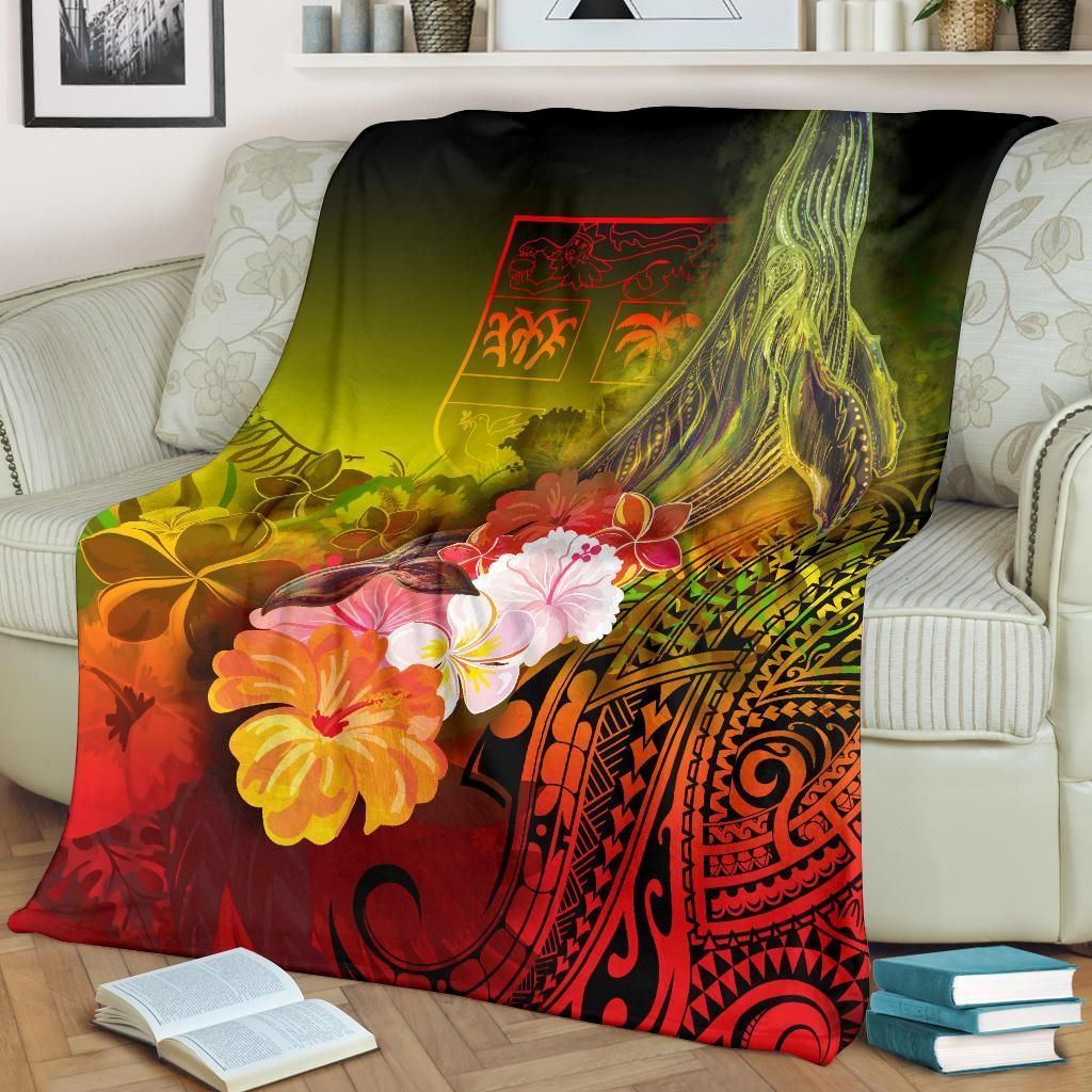 Fiji Premium Blanket - Humpback Whale with Tropical Flowers (Yellow)