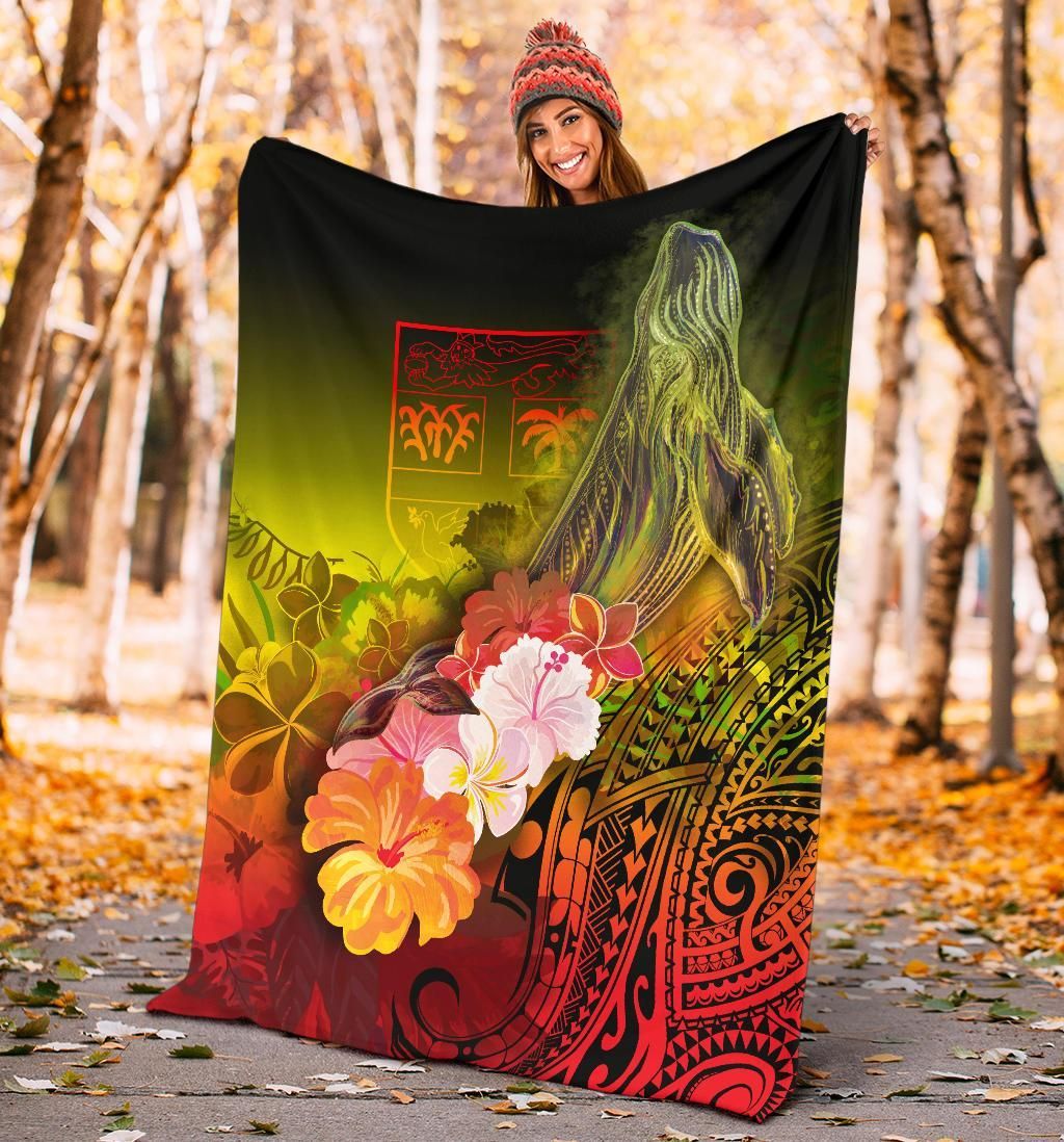 Fiji Premium Blanket - Humpback Whale with Tropical Flowers (Yellow)