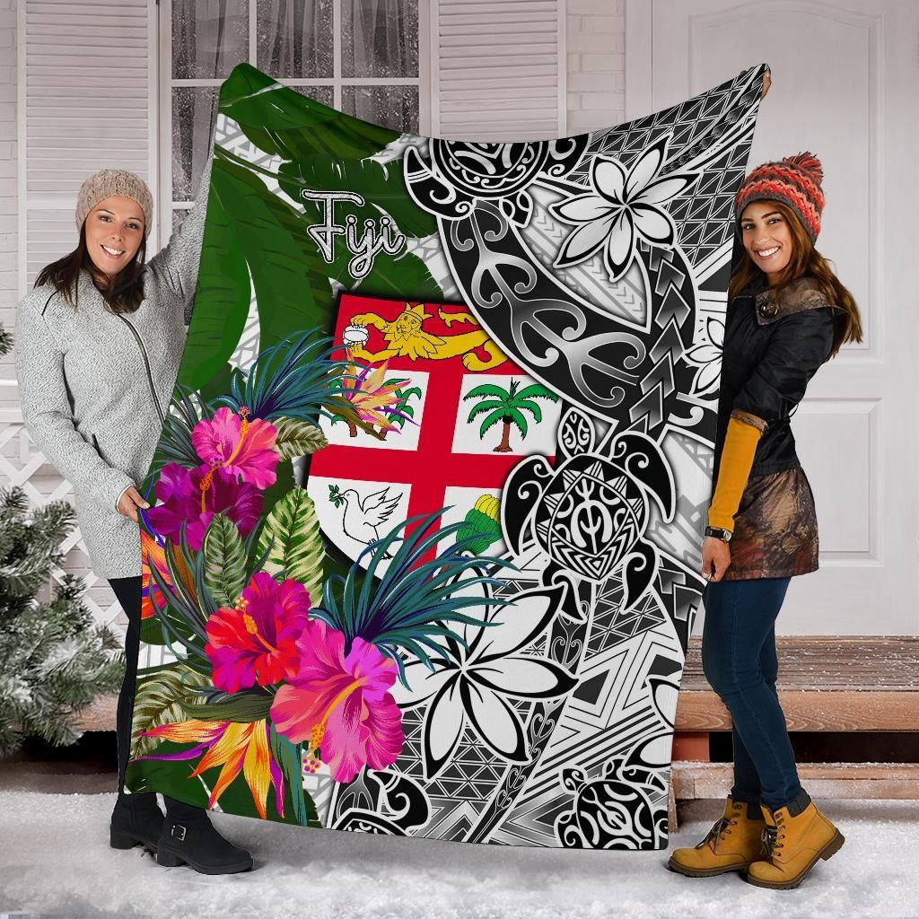 Fiji Premium Blanket White - Turtle Plumeria Banana Leaf