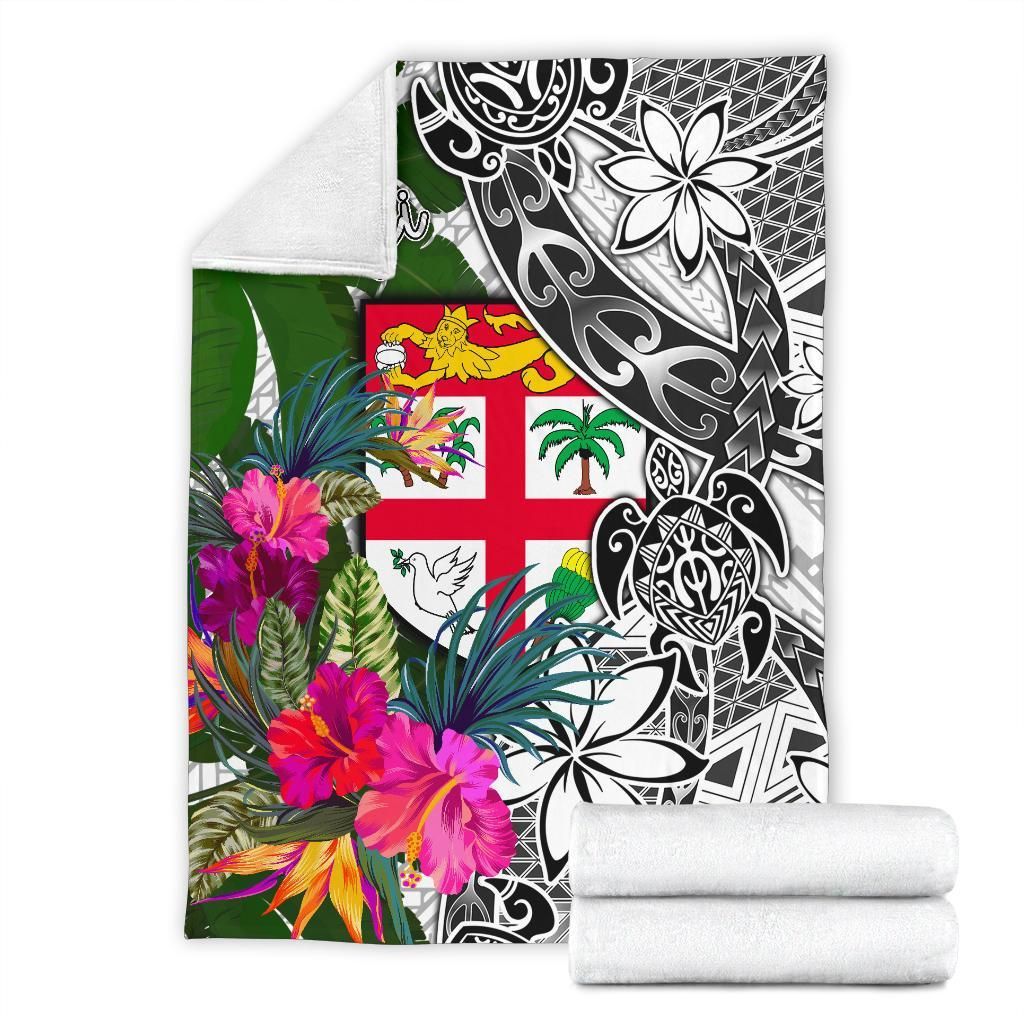 Fiji Premium Blanket White - Turtle Plumeria Banana Leaf