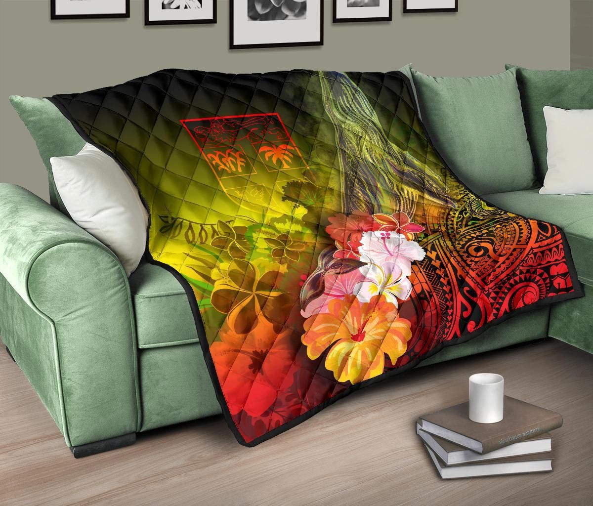 Fiji Premium Quilt - Humpback Whale with Tropical Flowers (Yellow)