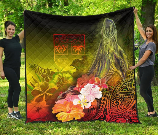 Fiji Premium Quilt - Humpback Whale with Tropical Flowers (Yellow)