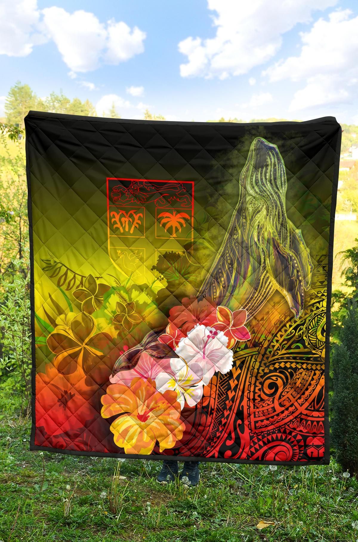 Fiji Premium Quilt - Humpback Whale with Tropical Flowers (Yellow)