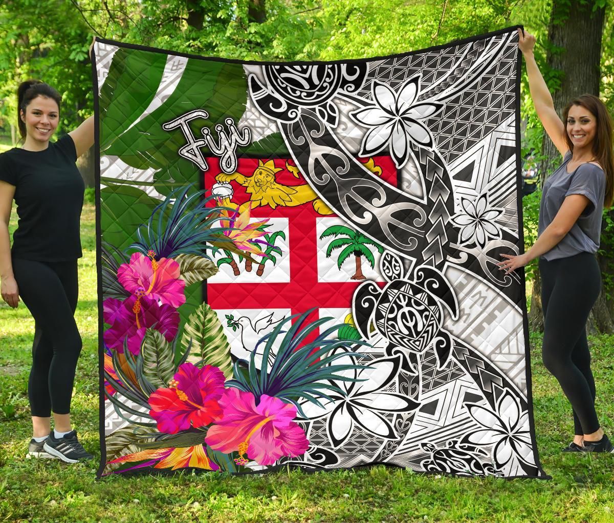 Fiji Premium Quilt White - Turtle Plumeria Banana Leaf