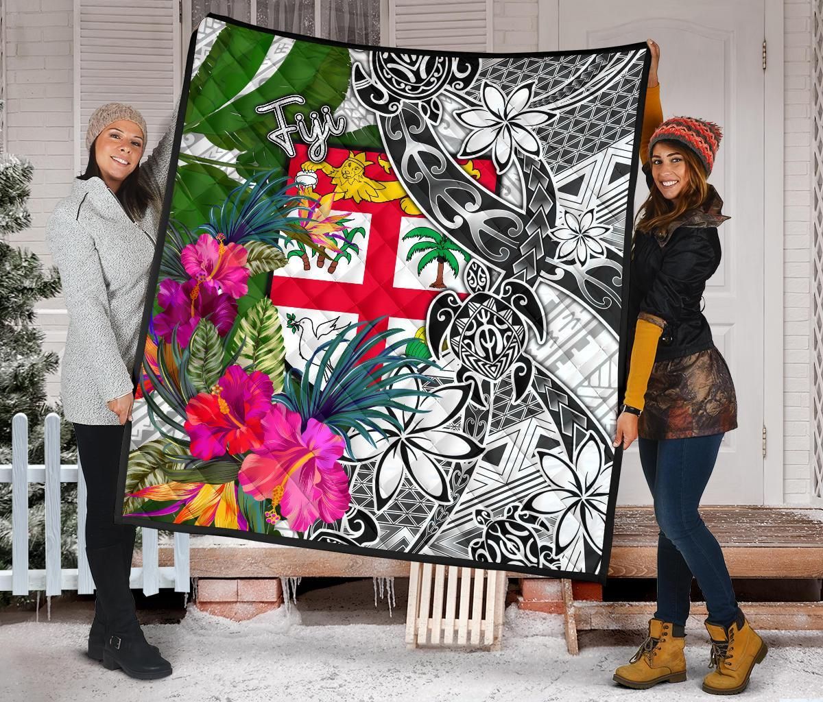 Fiji Premium Quilt White - Turtle Plumeria Banana Leaf