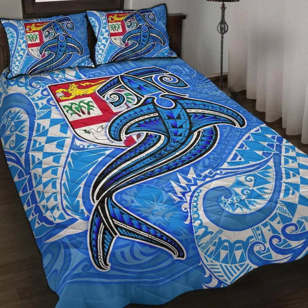 Fiji Quilt Bed Set - Blue Shark Polynesian Tattoo