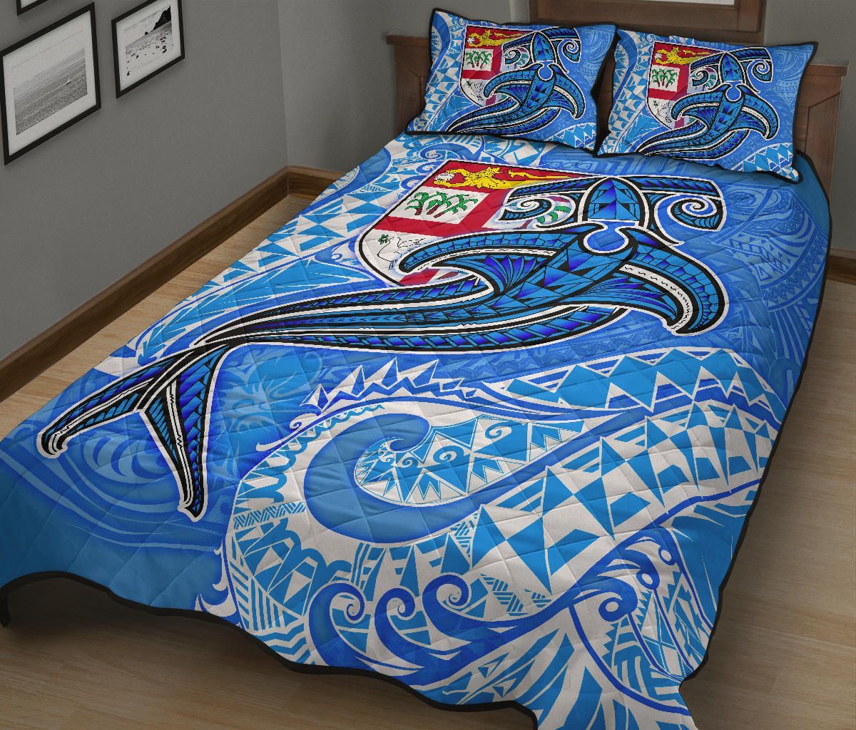 Fiji Quilt Bed Set - Blue Shark Polynesian Tattoo