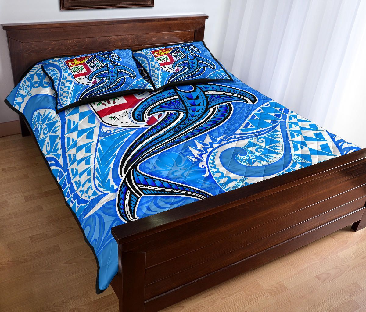 Fiji Quilt Bed Set - Blue Shark Polynesian Tattoo