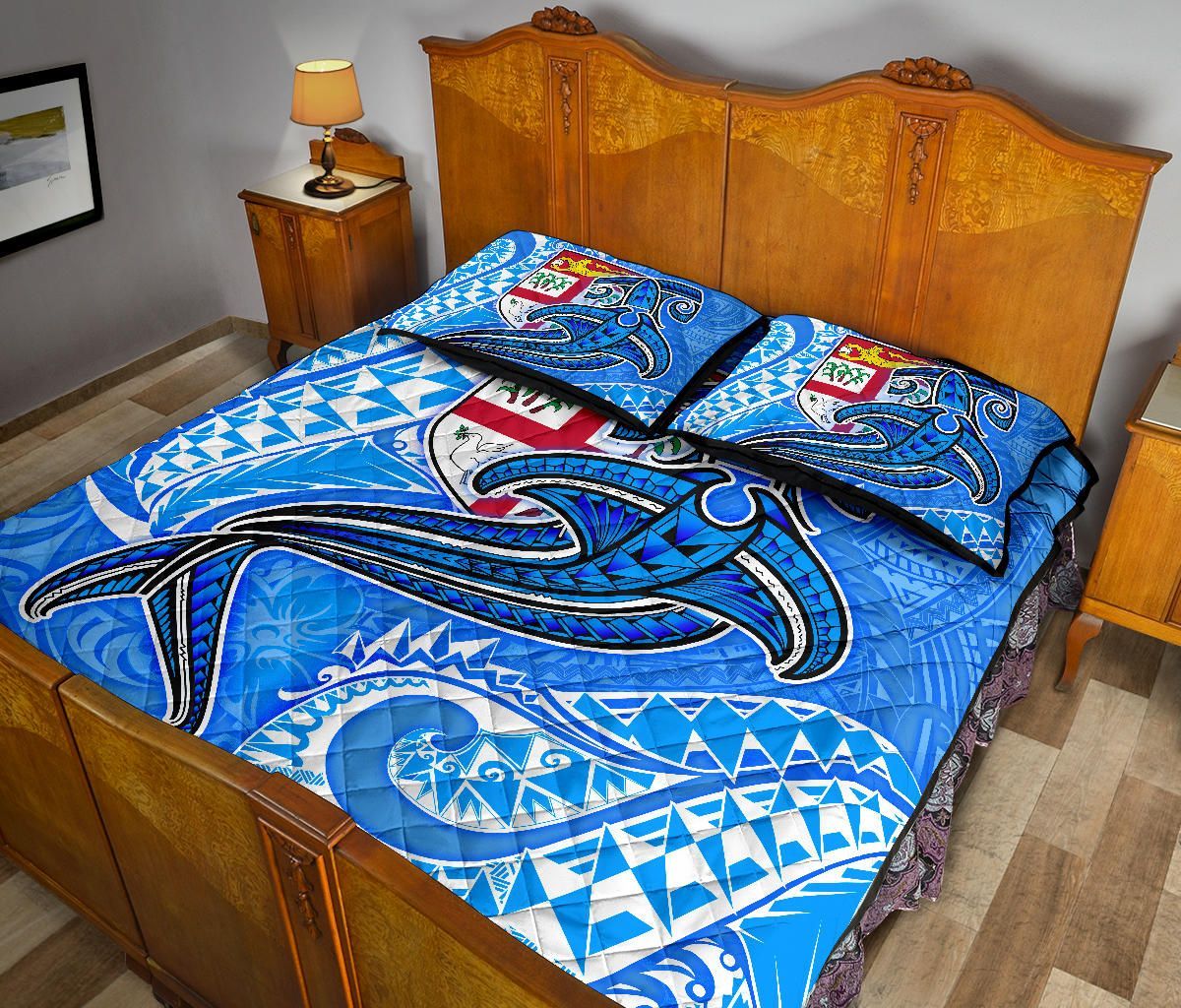 Fiji Quilt Bed Set - Blue Shark Polynesian Tattoo