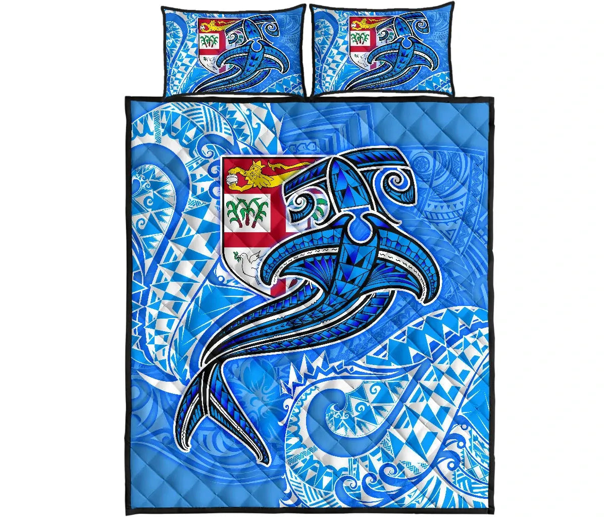 Fiji Quilt Bed Set - Blue Shark Polynesian Tattoo