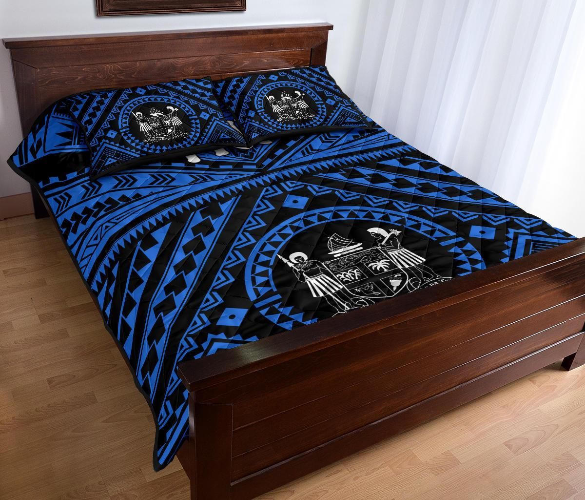 Fiji Quilt Bed Set - Fiji Seal With Polynesian Tattoo Style (Blue)