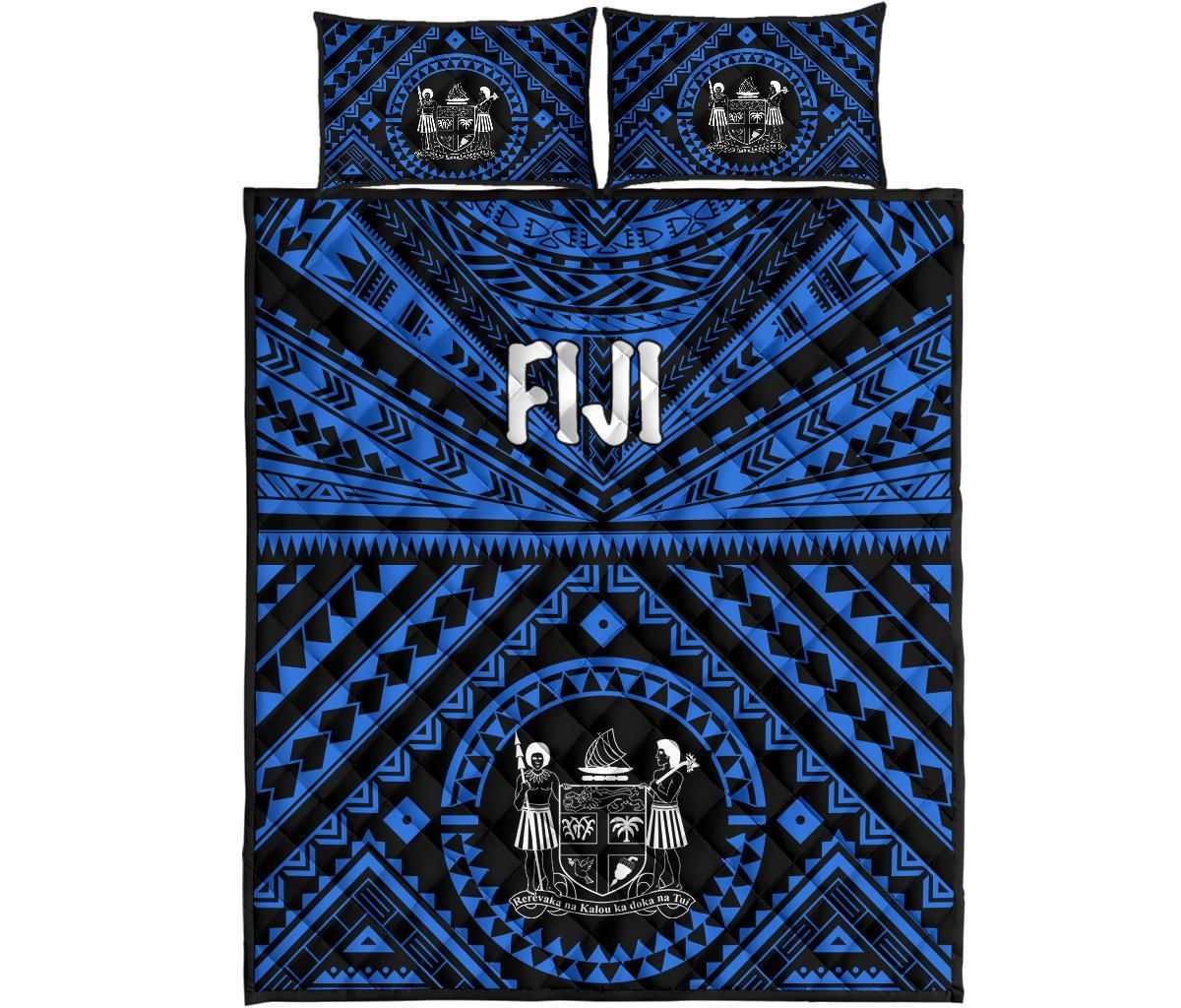Fiji Quilt Bed Set - Fiji Seal With Polynesian Tattoo Style (Blue)