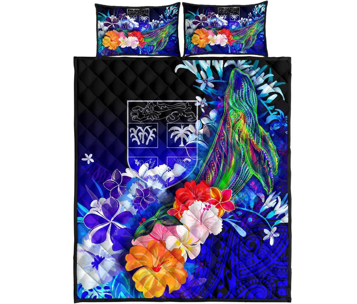 Fiji Quilt Bed Set - Humpback Whale with Tropical Flowers (Blue)