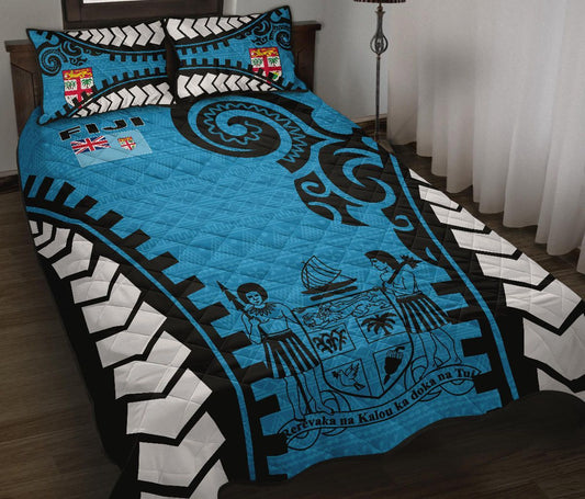 Fiji Quilt Bed Set - Fiji Flag Coat Of Arms Polynesian Warrior Style