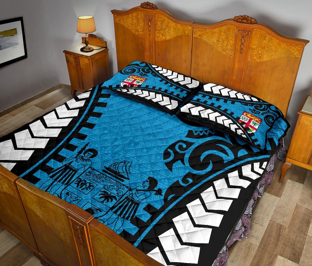 Fiji Quilt Bed Set - Fiji Flag Coat Of Arms Polynesian Warrior Style