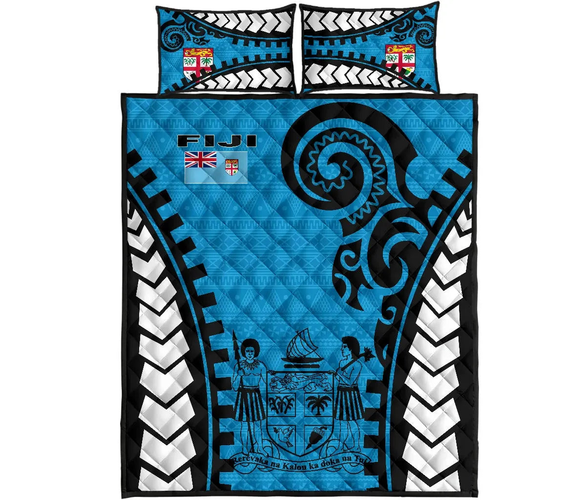 Fiji Quilt Bed Set - Fiji Flag Coat Of Arms Polynesian Warrior Style