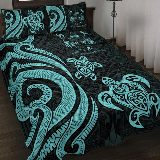 Fiji Quilt Bed Set - Turquoise Tentacle Turtle Crest
