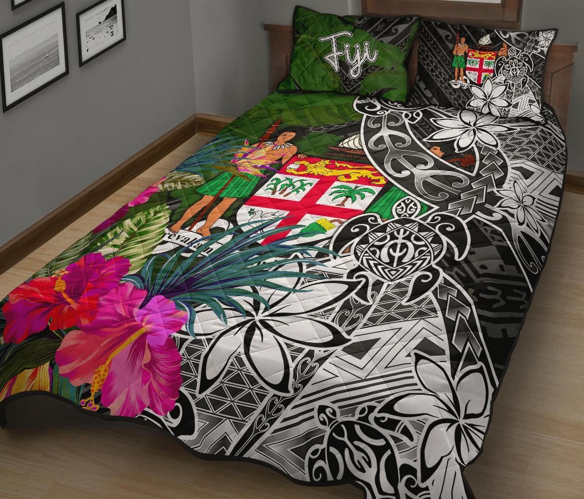 Fiji Quilt Bed Set - Turtle Plumeria Banana Leaf Crest