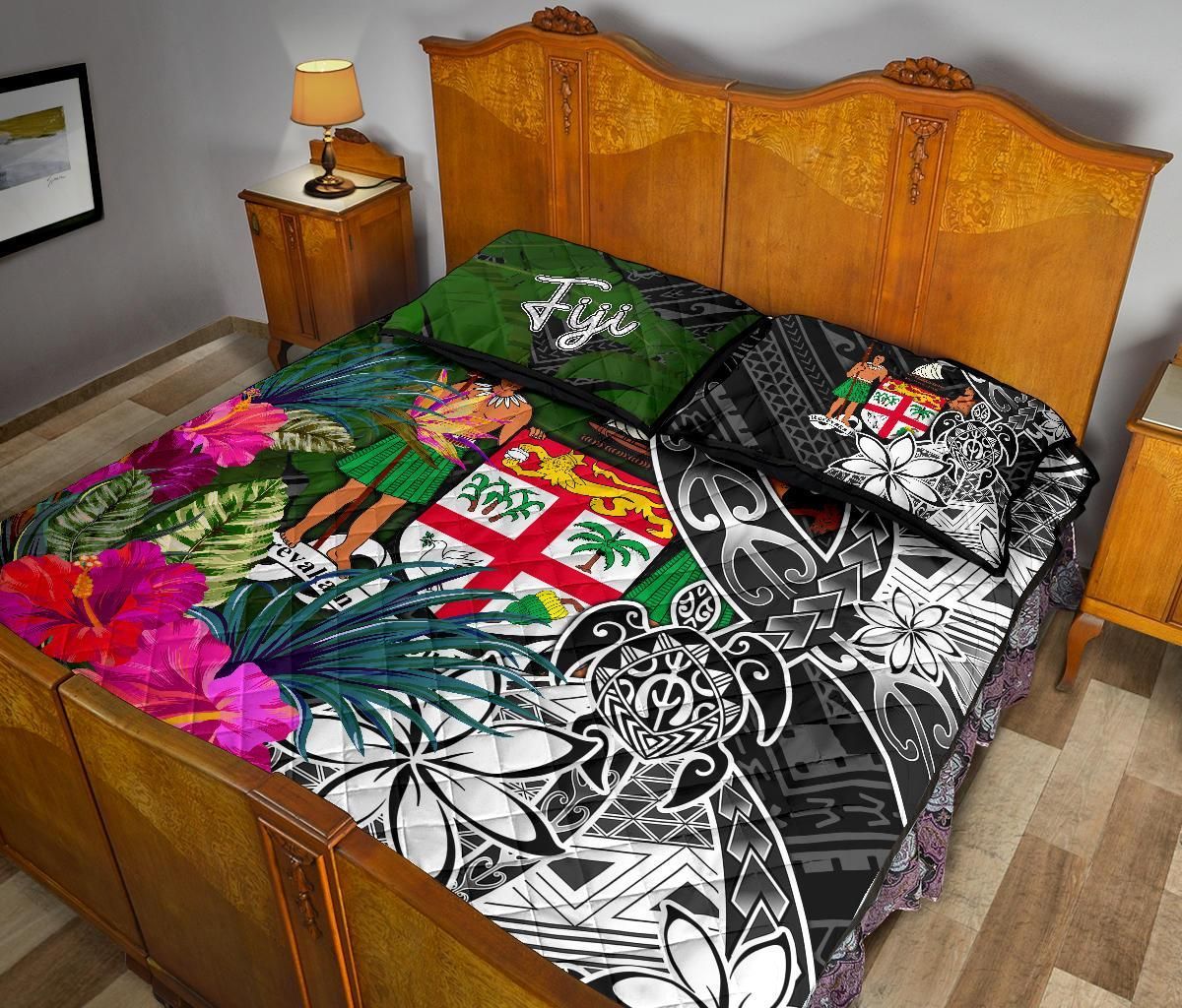 Fiji Quilt Bed Set - Turtle Plumeria Banana Leaf Crest