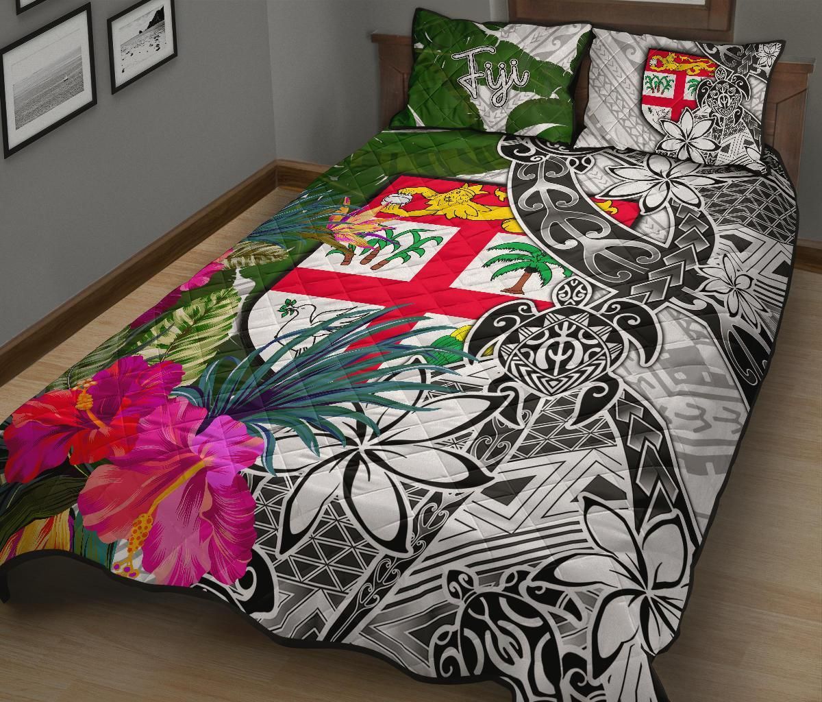 Fiji Quilt Bed Set White - Turtle Plumeria Banana Leaf