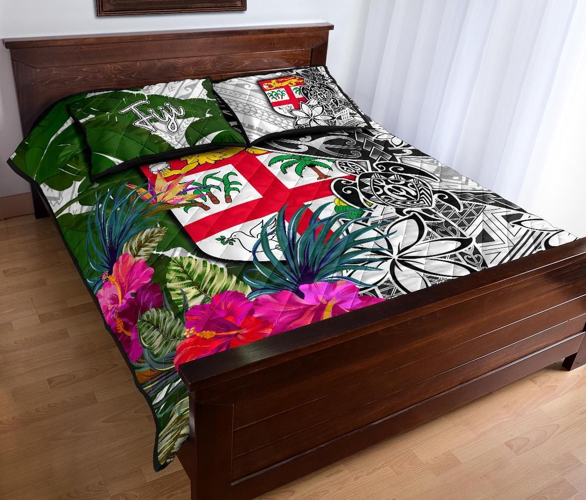 Fiji Quilt Bed Set White - Turtle Plumeria Banana Leaf