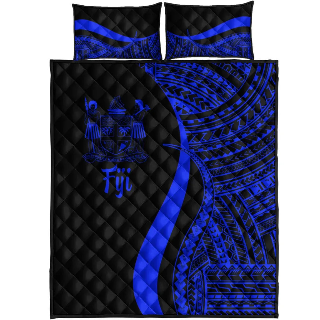 Fiji Quilt Bed Set - Blue Polynesian Tentacle Tribal Pattern Crest